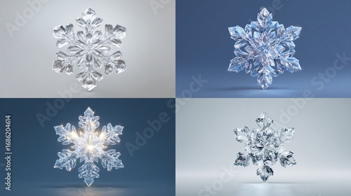 Four detailed, 3D rendered snowflakes, varying in light and background color