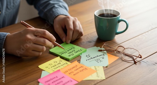 Collaborative Ideas: Hands Rearranging Pastel Post-Its for Blog Project in Soft Daylight