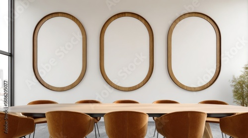 Modern Conference Room with Wooden Oval Mirrors and Brown Chairs