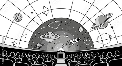 People watching planets and stars in a planetarium show