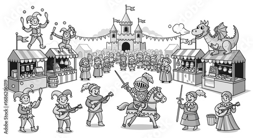 A medieval fair with performers castle and a dragon statue