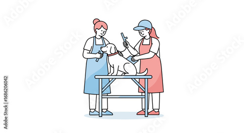 Two groomers tending to a dog on a grooming table indoors
