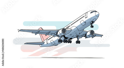 Airplane taking off with landing gear visible in the air view