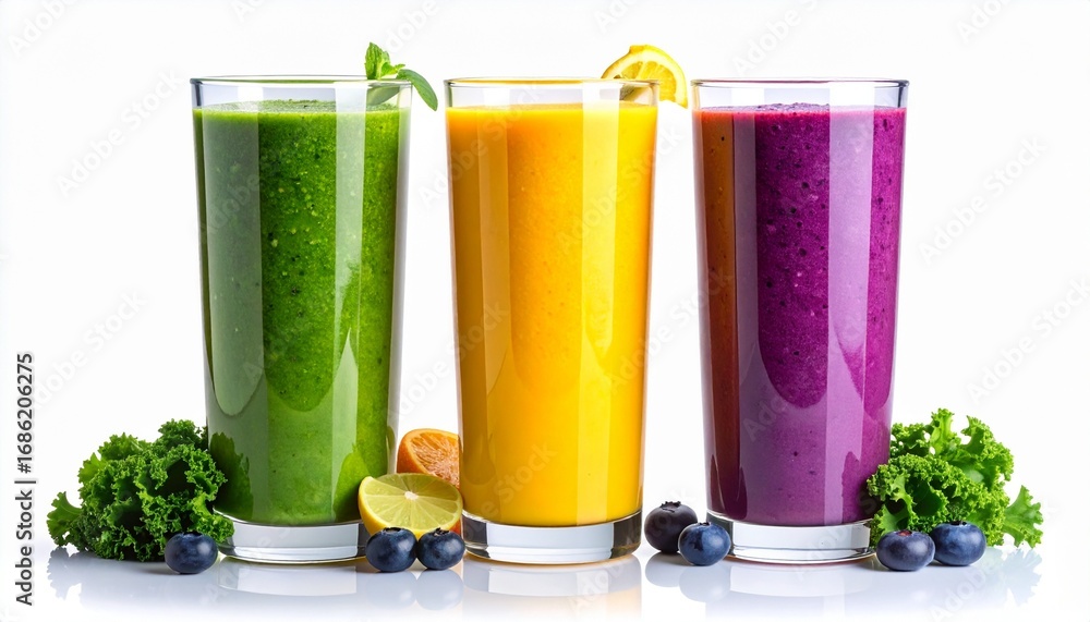 Fototapeta premium Vibrant Trio: Green, Yellow, and Purple Smoothies with Fruit Accents on White