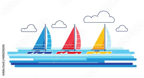 Three sailboats sailing on water with clouds in the background