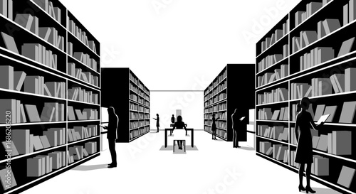 Illustration of people in a library with bookshelves and tables