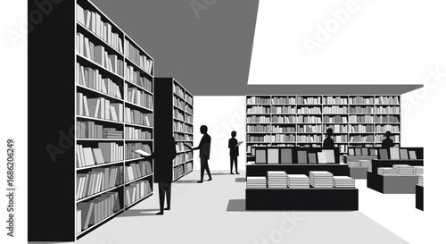 People browsing books in a black and white bookstore scene