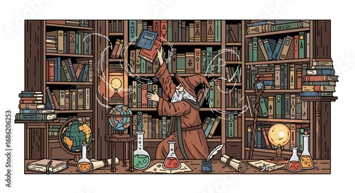 Wizard in library casting spell with books and potions around