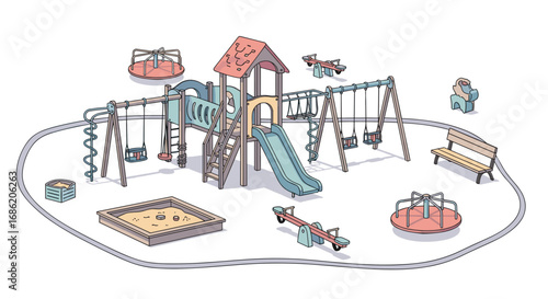 Playground scene with swings slide and merry go round items