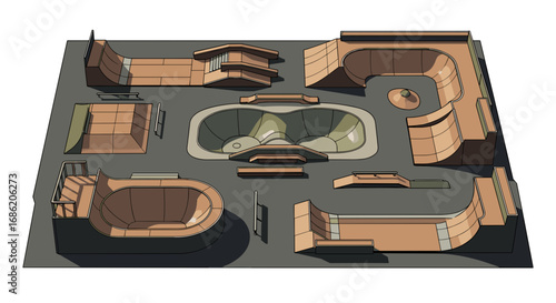 Overhead view of a detailed wooden skatepark design layout