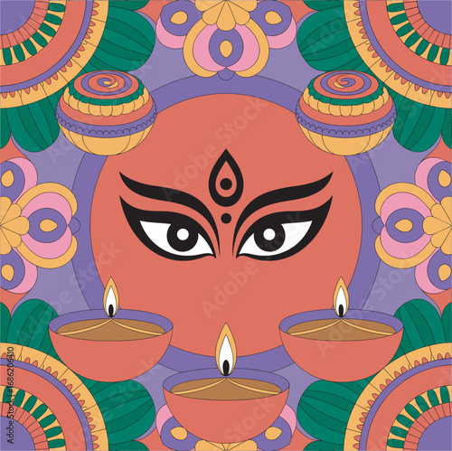 Durga Puja Illustration with Eyes, Diyas, and Decorative Border Design