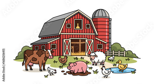 Cartoon farm scene with barn animals and red barn building