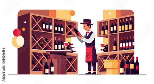 Man in wine store arranging bottles on shelves with wine glass