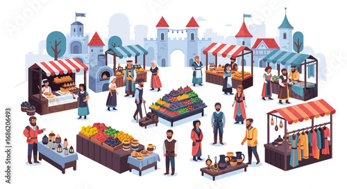 A bustling medieval market scene with vendors and customers