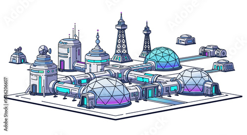 Illustration of a futuristic city with domes and towers view