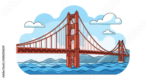 Illustration of the golden gate bridge with clouds and water