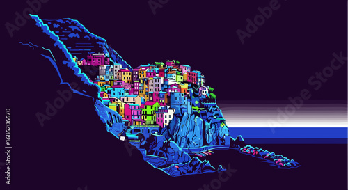 Colorful village perched on a cliffside overlooking the ocean