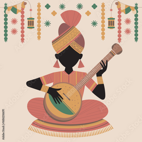 Indian Musician Silhouette Playing Stringed Instrument Vector Illustration