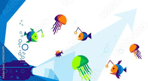 Underwater scene with submarine fish and jellyfish swimming up