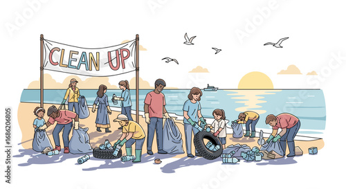 People cleaning up trash on a beach with a clean up banner