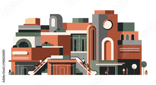 Illustration of a modern building with people on escalators
