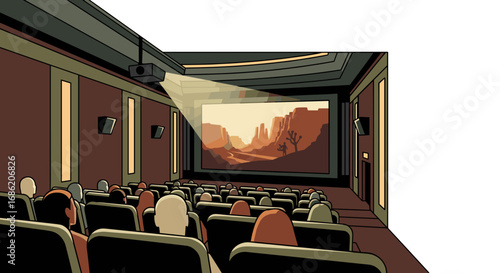 People watching a western movie in a dark movie theater room