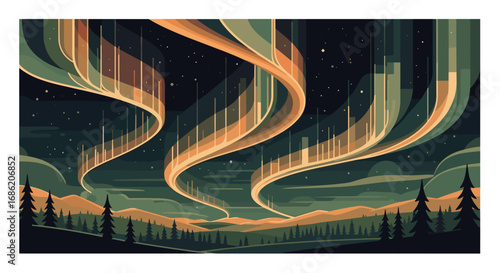 Aurora borealis over a forested landscape at night time sky