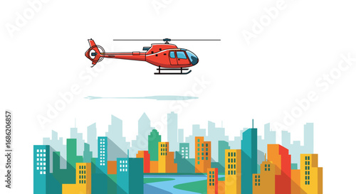 Red helicopter flying above a colorful city skyline scene