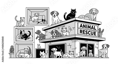 Illustration of animal rescue building with cats and dogs