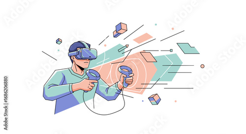 Man wearing vr headset and holding controllers in virtual space