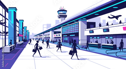 Illustration of a modern airport terminal with passengers