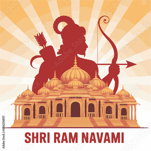 Shri Ram Navami Festival Illustration with Temple and Rama Silhouette