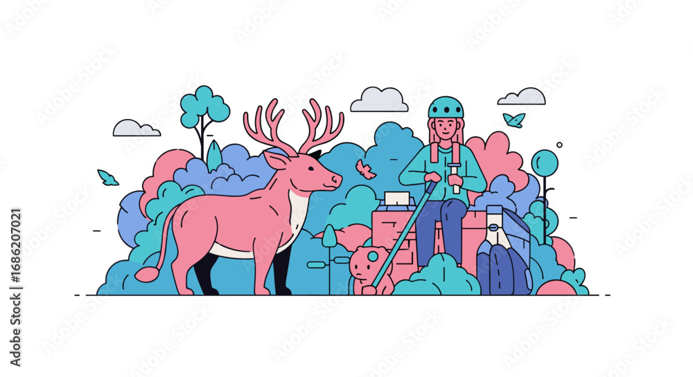 Fototapeta premium Woman with helmet and deer in colorful abstract landscape art