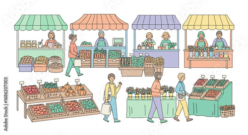 Illustration of a bustling outdoor farmer's market scene