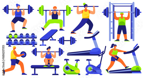 Illustration of people exercising in a gym with equipment