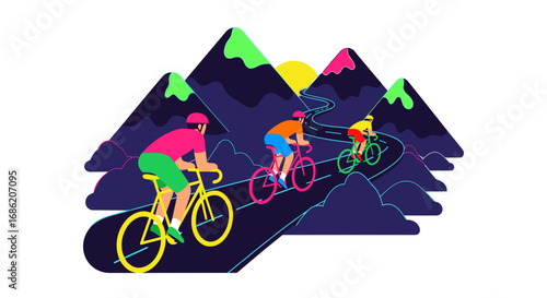 Cyclists riding up a winding mountain road under the sun set