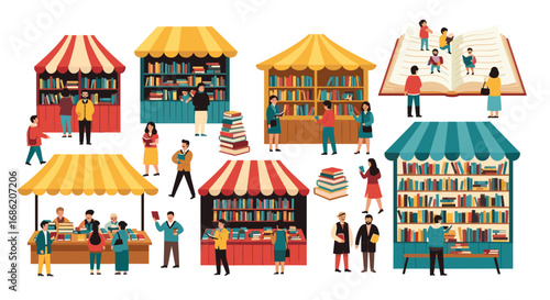 Illustration of people browsing books at outdoor book stalls