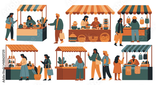 Illustration of people at outdoor market shopping at stalls