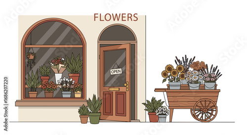 Illustration of a flower shop with open door and flower cart