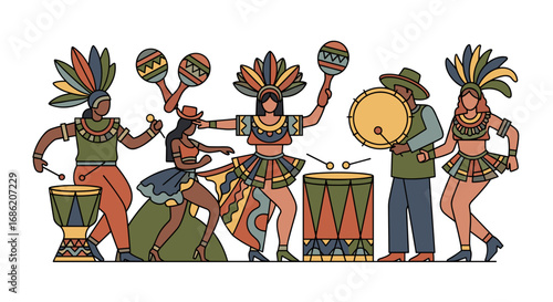 Group of people in carnival costumes playing musical instruments