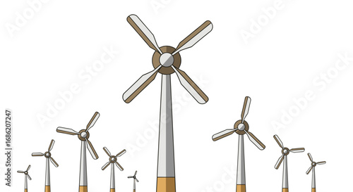 Windmills of varying sizes stand against a white backdrop