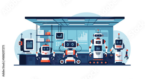 A collection of robots standing in a laboratory setting area