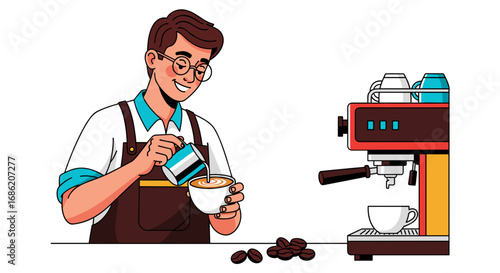 Barista pouring milk into coffee next to espresso machine art