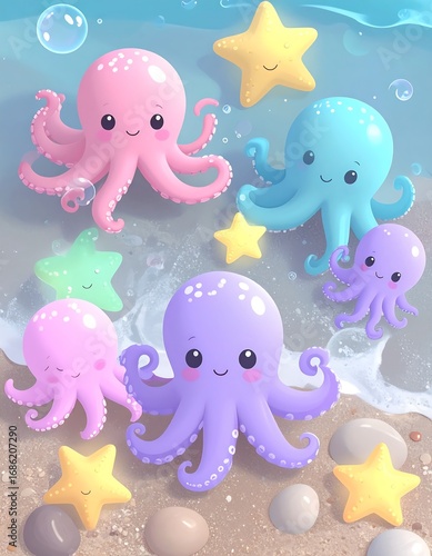Celebrating a whimsical Octopus Day with adorable, colorful sea creatures enjoying the sandy shore and ocean bubbles, a delightful scene for marine enthusiasts
