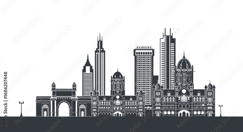 Naklejka premium Monochrome cityscape silhouette with various tall buildings