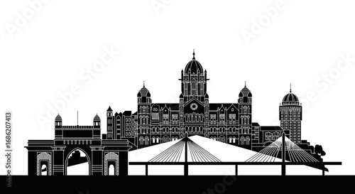 Silhouette of mumbai cityscape with gateway and architecture