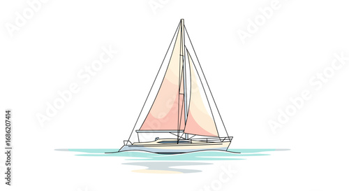 Watercolor painting of a sailboat with a tall mast on water