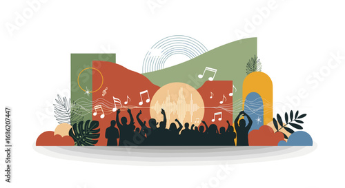 Silhouette crowd at music event with abstract shapes around it