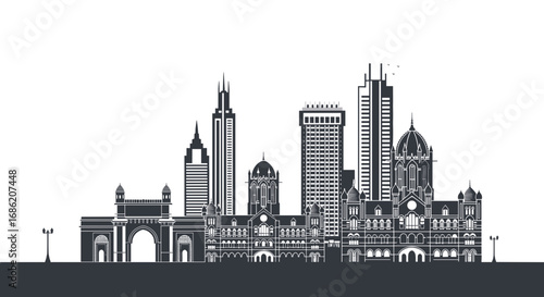 Monochrome cityscape silhouette with various tall buildings