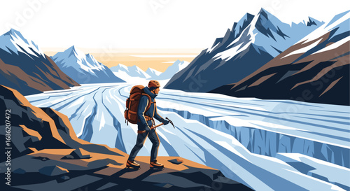 A climber stands atop a mountain overlooking a glacial valley